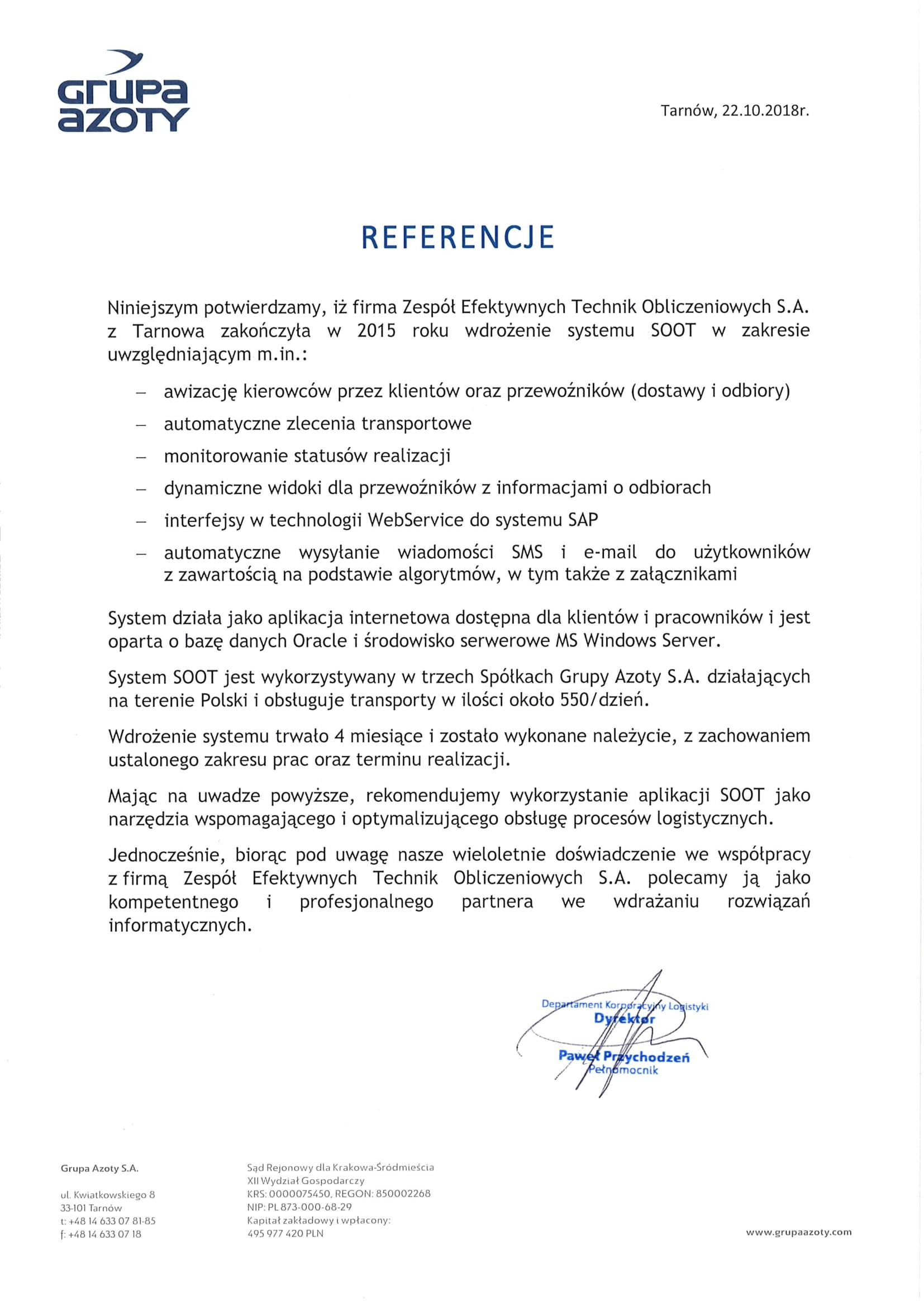 Grupa Azoty list referencyjny SOOT 1