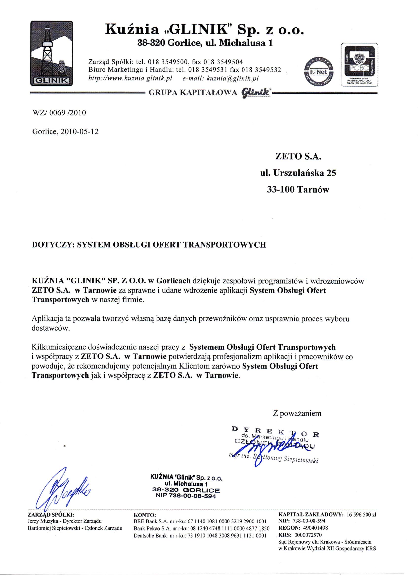 Kuznia Glinik list referencyjny SOOT 1